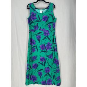 90s Vintage Dress Womens Large Green Floral Maxi Purple Boho Grunge Cottage